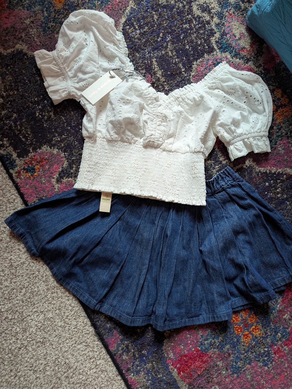 White Eyelet Puff Sleeve Top + Denim Pleated Mini Skirt Set | Cottage Core